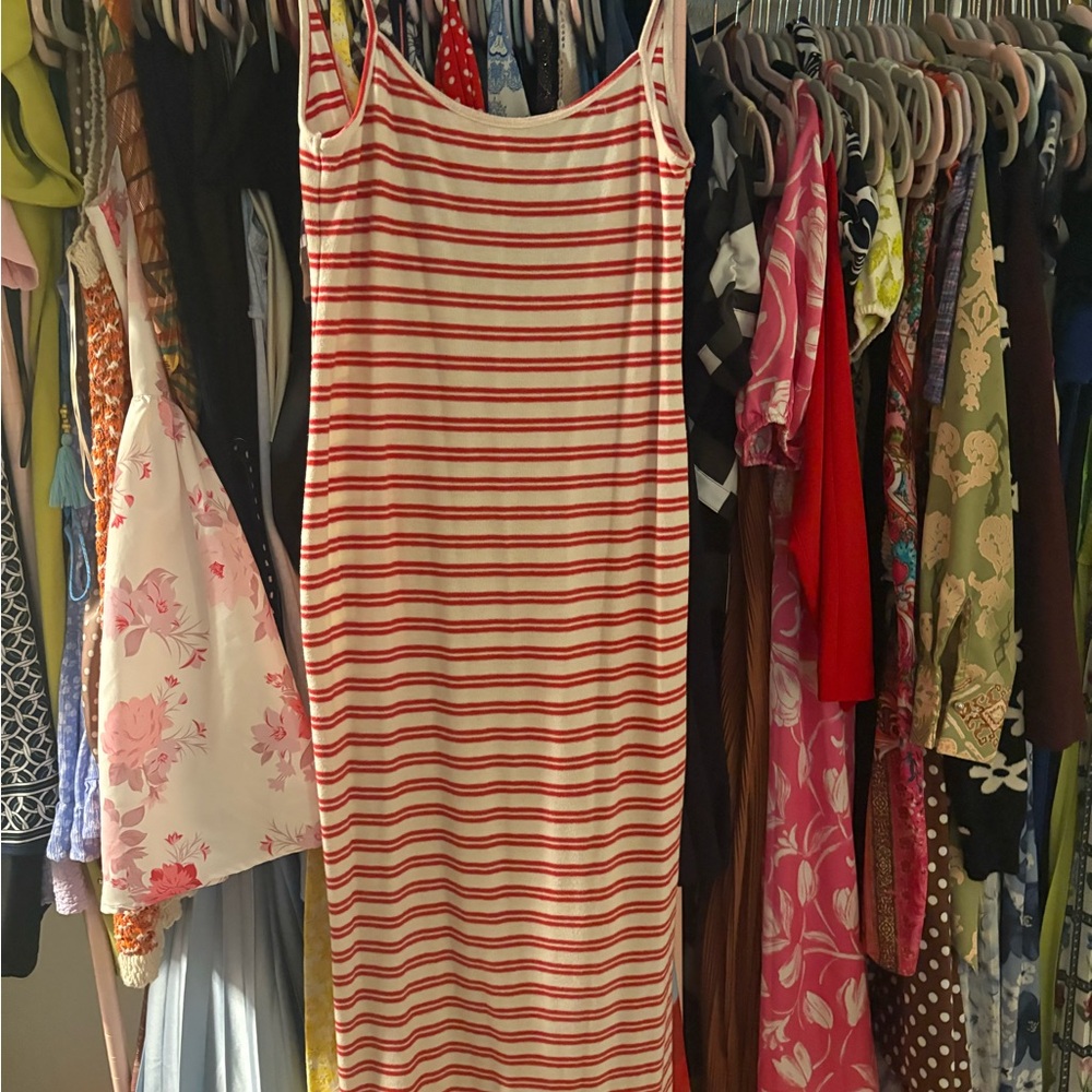 Zara Cream and Red Striped V-Neck dress